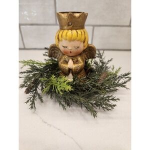 Vtg Caffco Praying Angel Crown Ceramic Tapered Candle Holder Japan Gold W/wreath